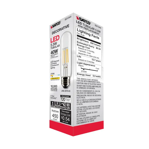 5.5 Watt T10 LED Filament - Clear - Medium base - 90 CRI - 2700K - 120 Volt - Image 9