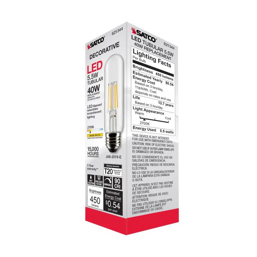 5.5 Watt T10 LED Filament - Clear - Medium base - 90 CRI - 2700K - 120 Volt - Image 9
