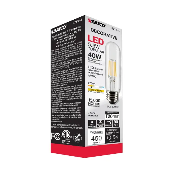 5.5 Watt T10 LED Filament - Clear - Medium base - 90 CRI - 2700K - 120 Volt - Image 10