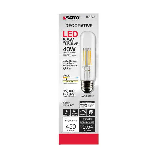 5.5 Watt T10 LED Filament - Clear - Medium base - 90 CRI - 3000K - 120 Volt - Image 4