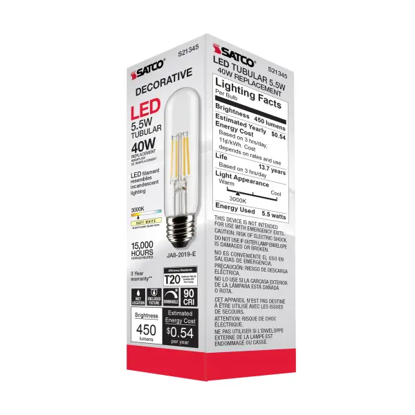 5.5 Watt T10 LED Filament - Clear - Medium base - 90 CRI - 3000K - 120 Volt - Image 8