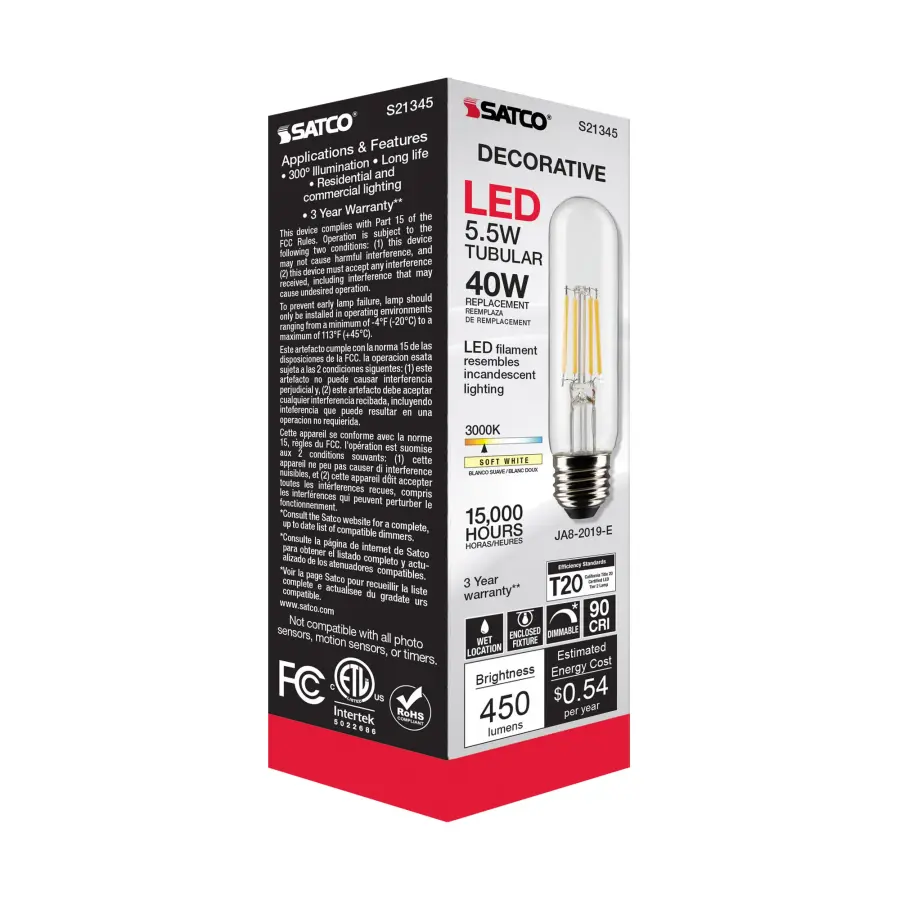 5.5 Watt T10 LED Filament - Clear - Medium base - 90 CRI - 3000K - 120 Volt - Image 9