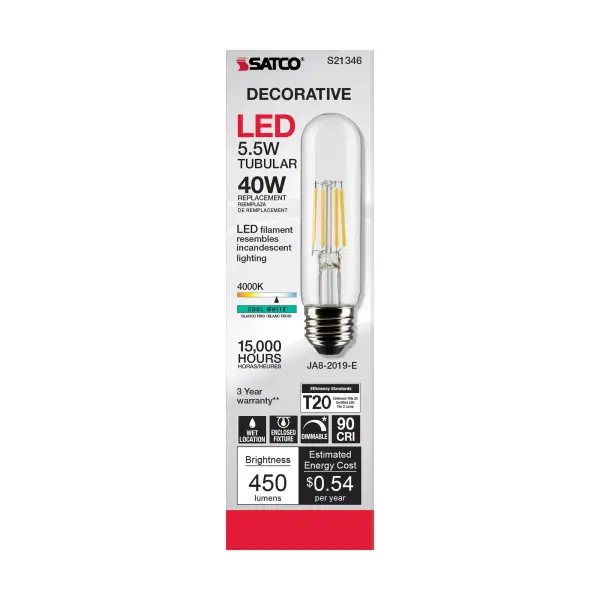 5.5 Watt T10 LED Filament - Clear - Medium base - 90 CRI - 4000K - 120 Volt - Image 5