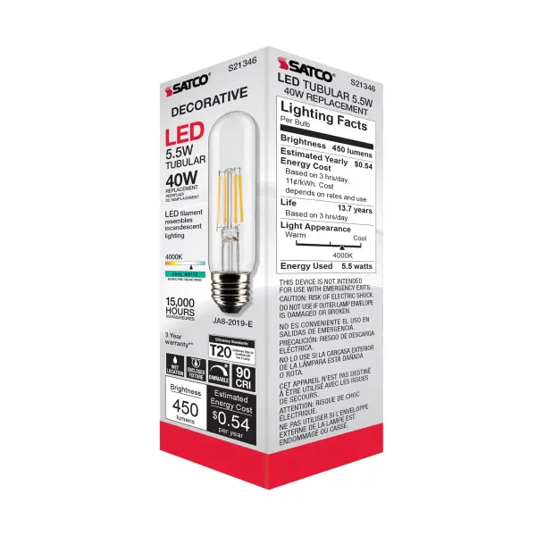 5.5 Watt T10 LED Filament - Clear - Medium base - 90 CRI - 4000K - 120 Volt - Image 9