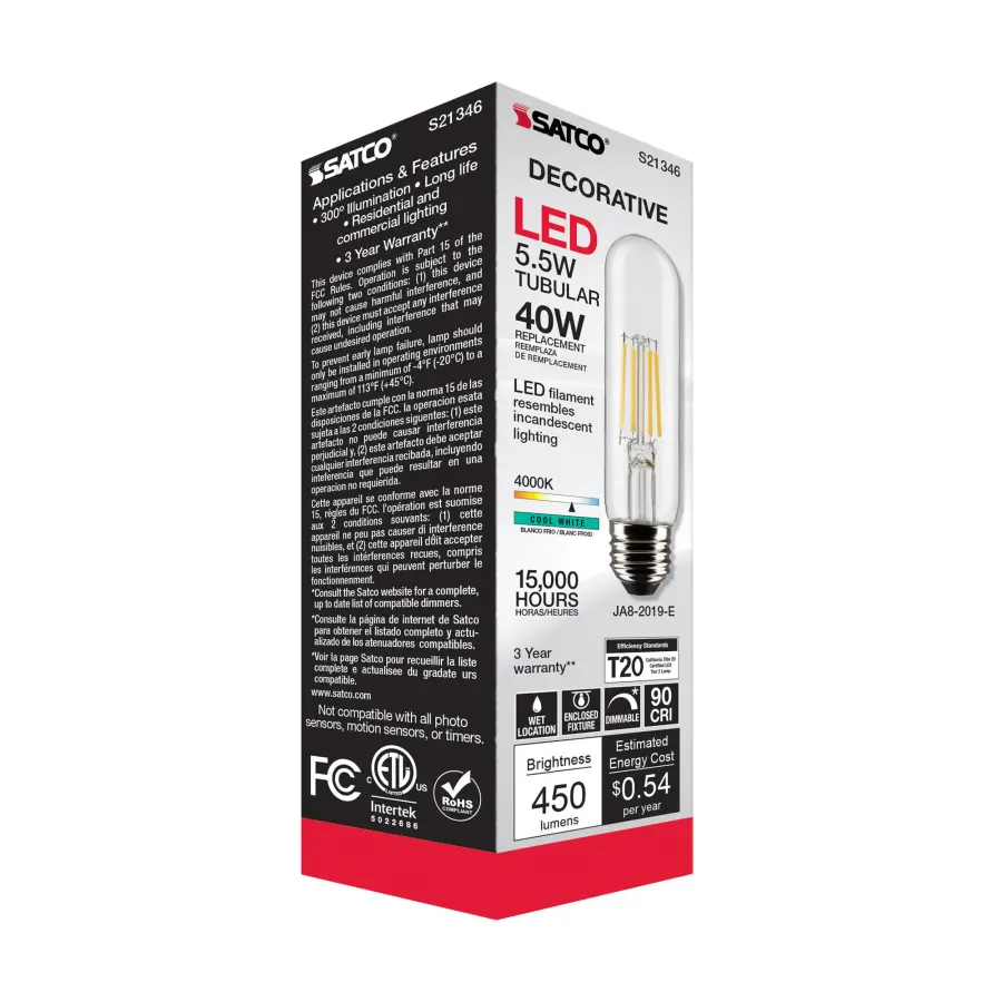 5.5 Watt T10 LED Filament - Clear - Medium base - 90 CRI - 4000K - 120 Volt - Image 10