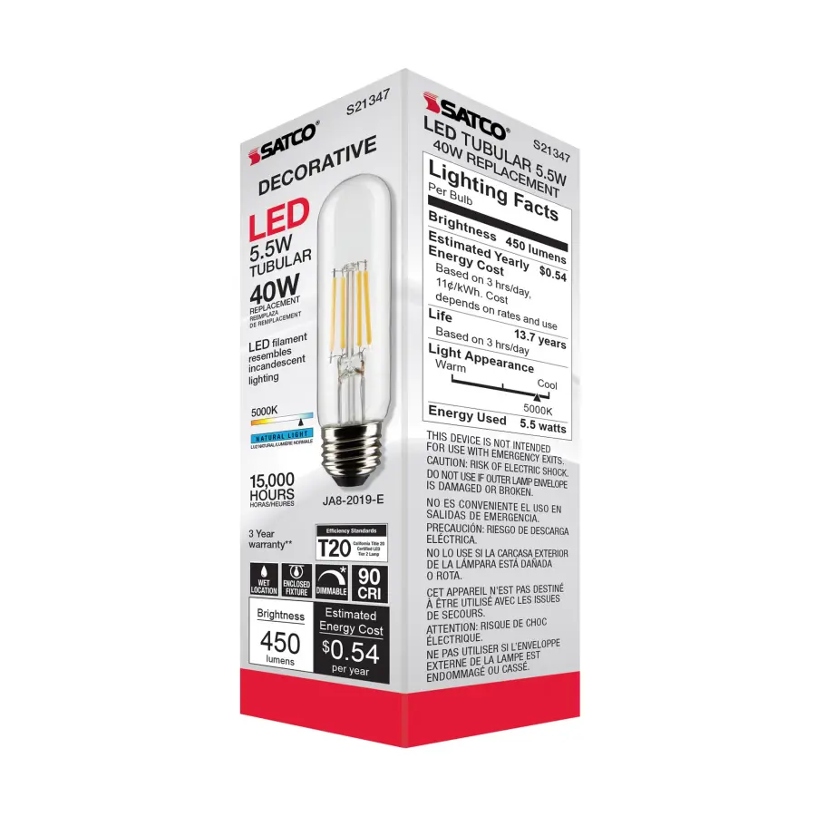 5.5 Watt T10 LED Filament - Clear - Medium base - 90 CRI - 5000K - 120 Volt - Image 8