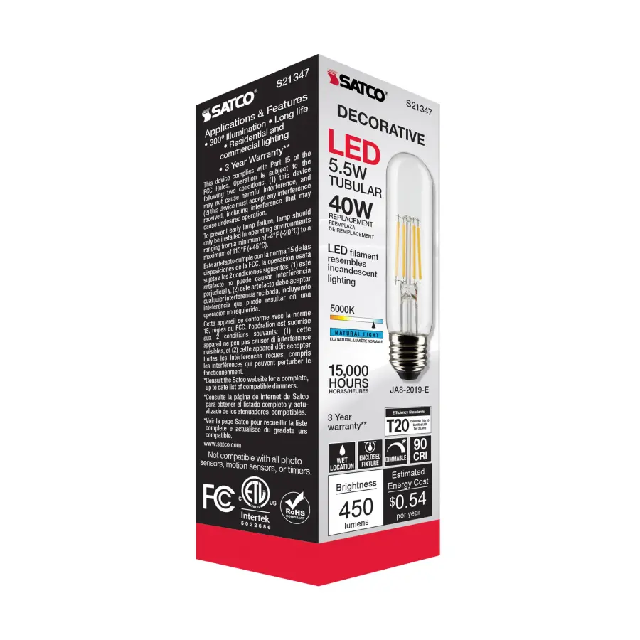 5.5 Watt T10 LED Filament - Clear - Medium base - 90 CRI - 5000K - 120 Volt - Image 9