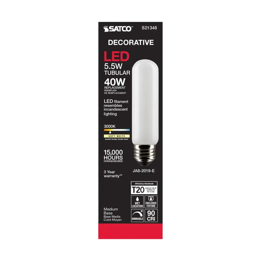 5.5 Watt T10 LED Filament - Frost - Medium base - 90 CRI - 3000K - 120 Volt - Image 5