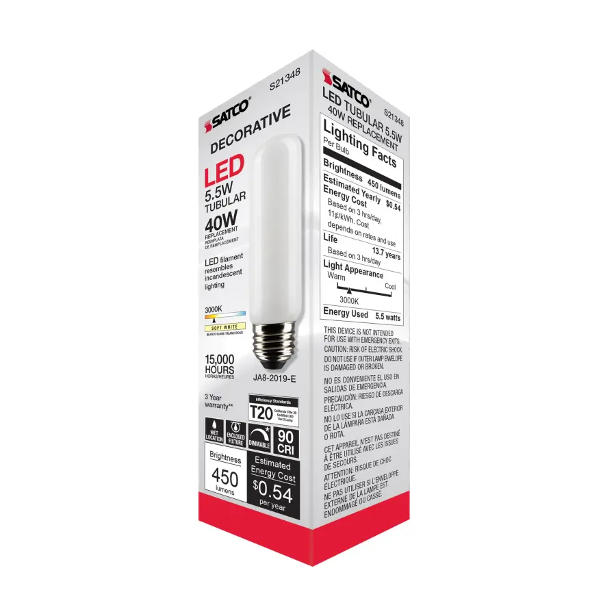 5.5 Watt T10 LED Filament - Frost - Medium base - 90 CRI - 3000K - 120 Volt - Image 8