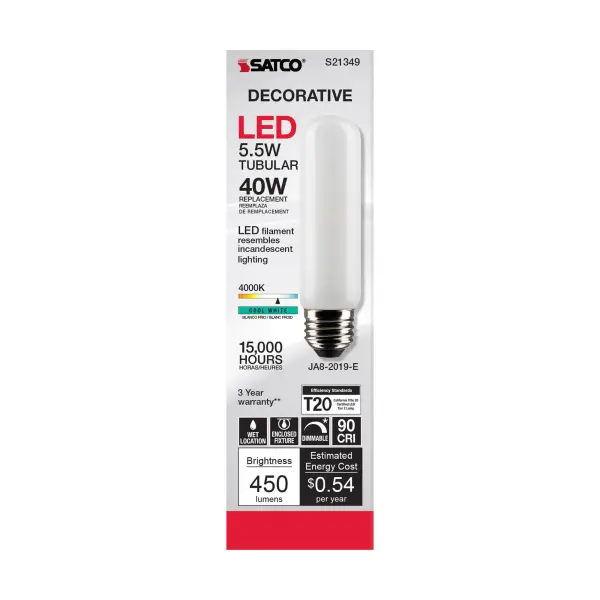5.5 Watt T10 LED Filament - Frost - Medium base - 90 CRI - 4000K - 120 Volt - Image 4