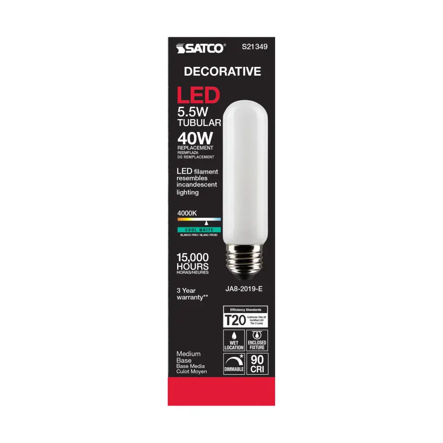5.5 Watt T10 LED Filament - Frost - Medium base - 90 CRI - 4000K - 120 Volt - Image 5