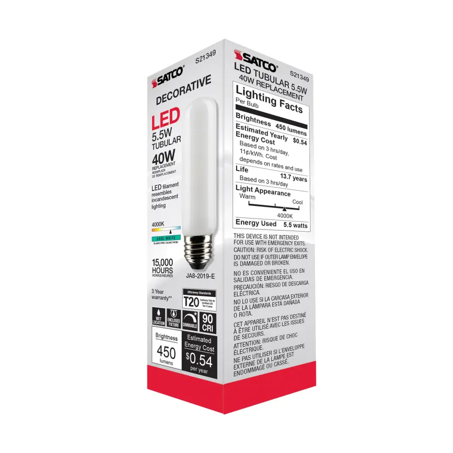 5.5 Watt T10 LED Filament - Frost - Medium base - 90 CRI - 4000K - 120 Volt - Image 8