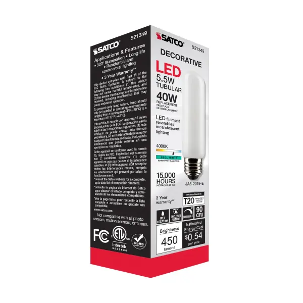 5.5 Watt T10 LED Filament - Frost - Medium base - 90 CRI - 4000K - 120 Volt - Image 9