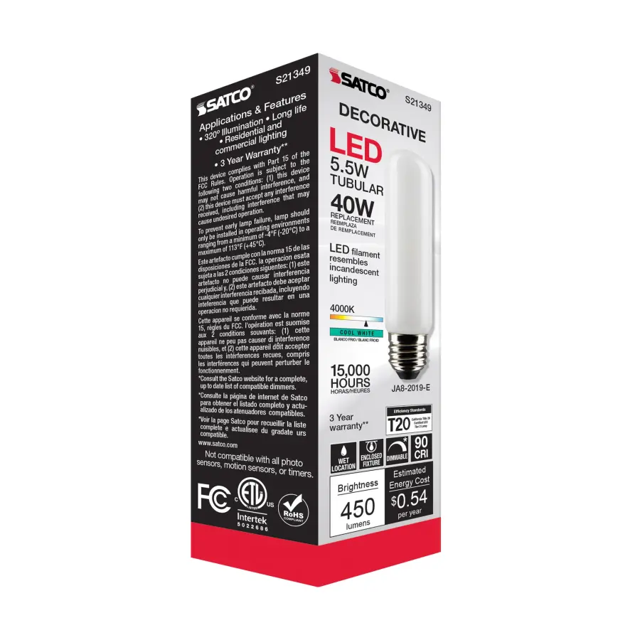 5.5 Watt T10 LED Filament - Frost - Medium base - 90 CRI - 4000K - 120 Volt - Image 9