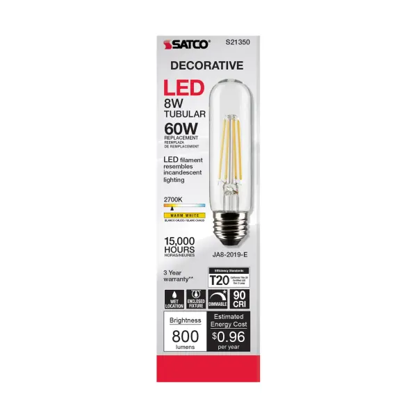 8 Watt T10 LED Filament - Clear - Medium base - 90 CRI - 2700K - 120 Volt - Image 5