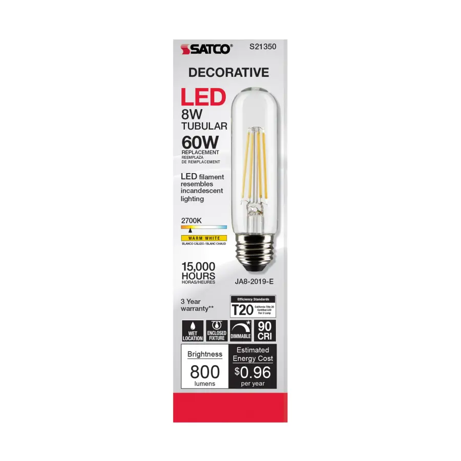 8 Watt T10 LED Filament - Clear - Medium base - 90 CRI - 2700K - 120 Volt - Image 5