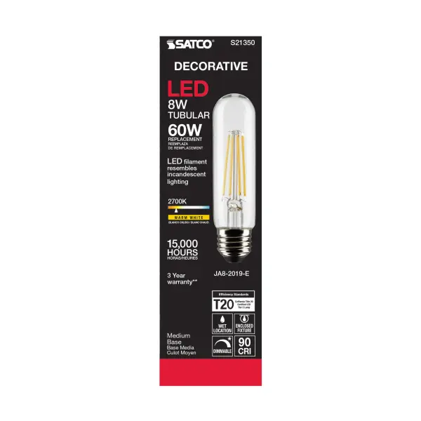 8 Watt T10 LED Filament - Clear - Medium base - 90 CRI - 2700K - 120 Volt - Image 6