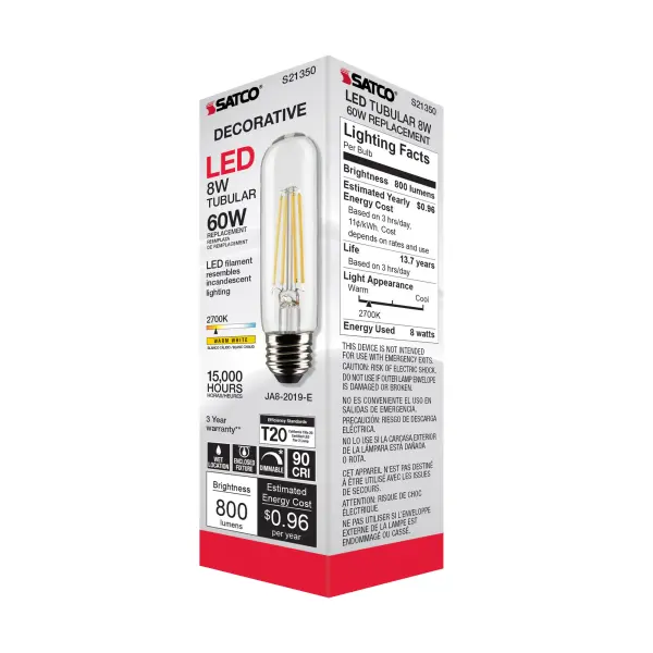 8 Watt T10 LED Filament - Clear - Medium base - 90 CRI - 2700K - 120 Volt - Image 9