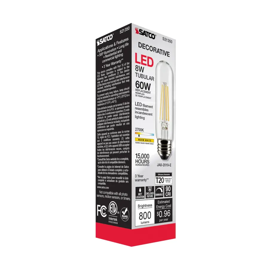 8 Watt T10 LED Filament - Clear - Medium base - 90 CRI - 2700K - 120 Volt - Image 10