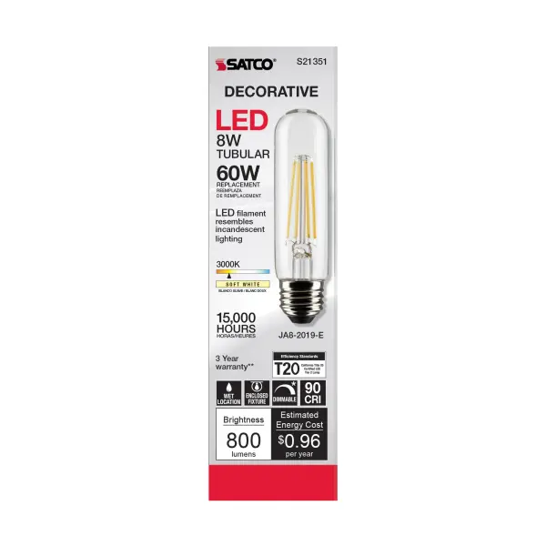 8 Watt T10 LED Filament - Clear - Medium base - 90 CRI - 3000K - 120 Volt - Image 4