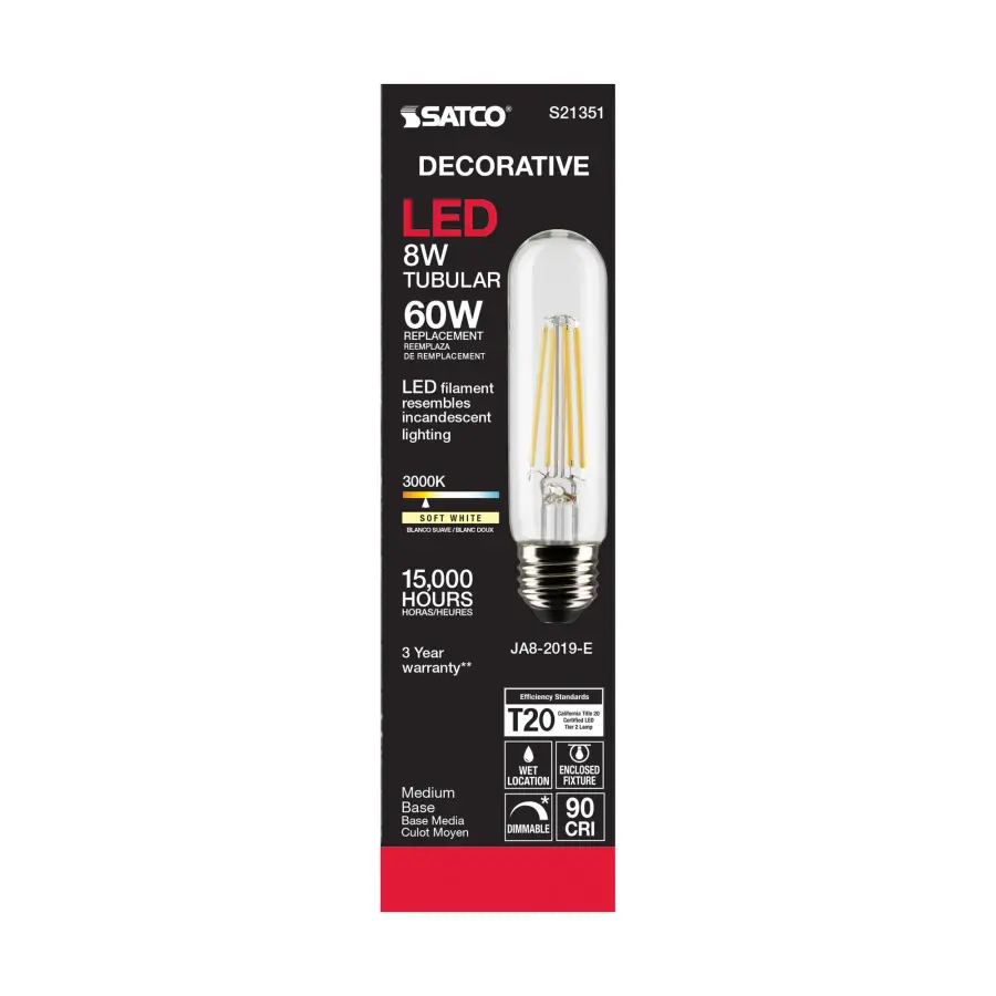 8 Watt T10 LED Filament - Clear - Medium base - 90 CRI - 3000K - 120 Volt - Image 5