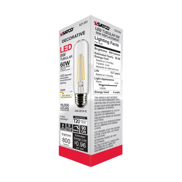 8 Watt T10 LED Filament - Clear - Medium base - 90 CRI - 3000K - 120 Volt - Image 8