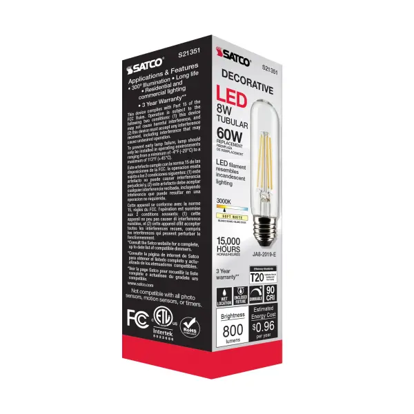 8 Watt T10 LED Filament - Clear - Medium base - 90 CRI - 3000K - 120 Volt - Image 9