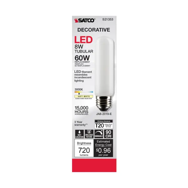 8 Watt T10 LED Filament - Frost - Medium base - 90 CRI - 3000K - 120 Volt - Image 4