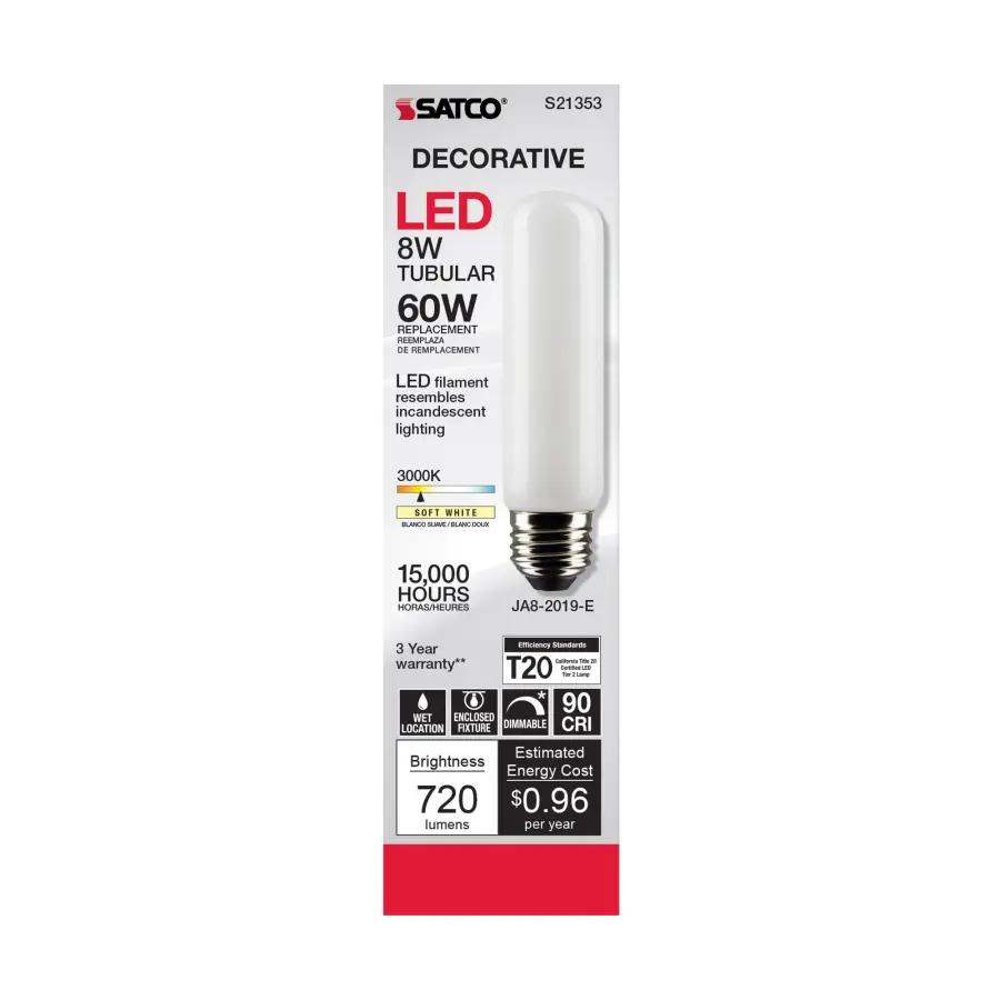 8 Watt T10 LED Filament - Frost - Medium base - 90 CRI - 3000K - 120 Volt - Image 4