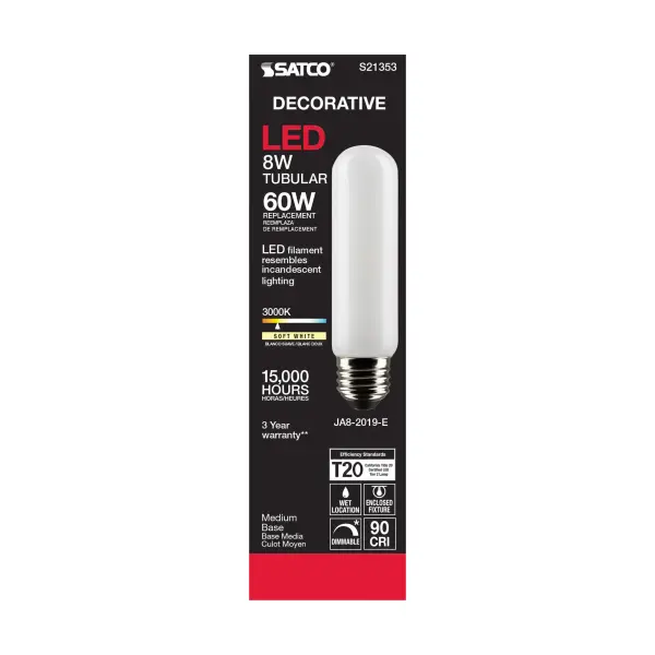 8 Watt T10 LED Filament - Frost - Medium base - 90 CRI - 3000K - 120 Volt - Image 5