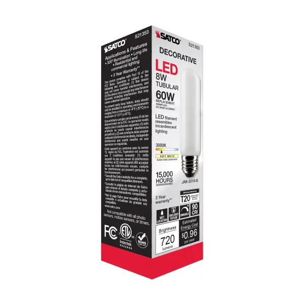 8 Watt T10 LED Filament - Frost - Medium base - 90 CRI - 3000K - 120 Volt - Image 9