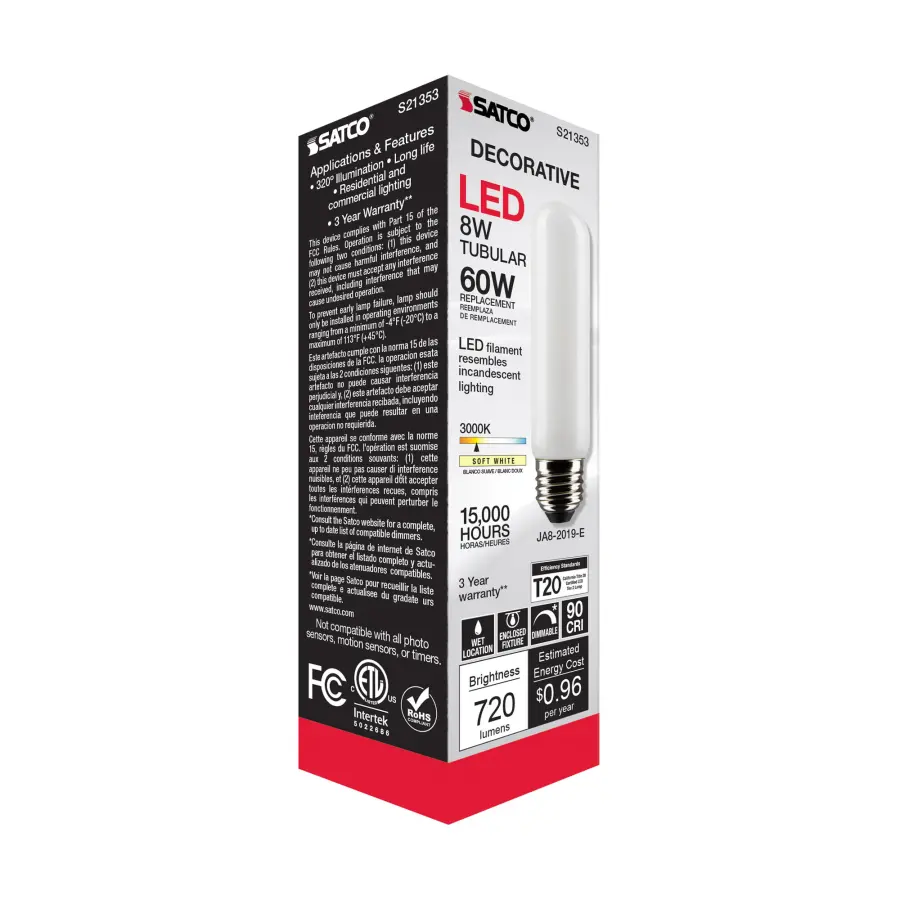 8 Watt T10 LED Filament - Frost - Medium base - 90 CRI - 3000K - 120 Volt - Image 9