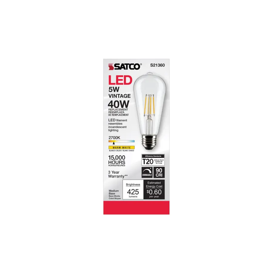 5 Watt ST19 LED Filament - Clear - Medium base - 90 CRI - 2700K - 120 Volt - Image 5