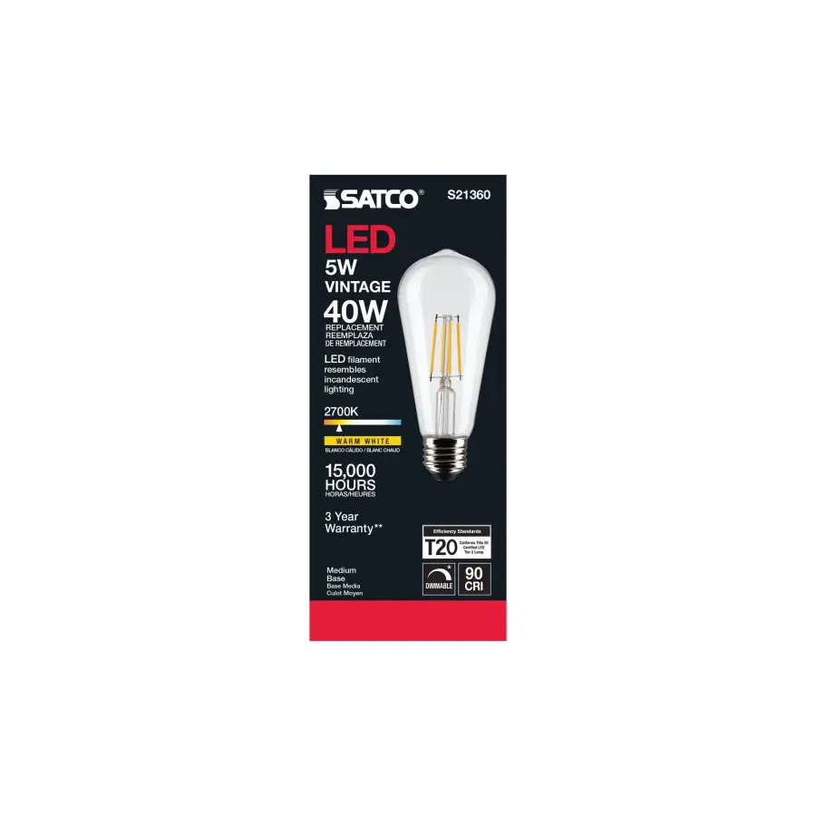 5 Watt ST19 LED Filament - Clear - Medium base - 90 CRI - 2700K - 120 Volt - Image 6