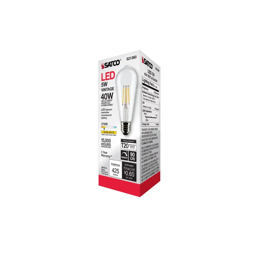 5 Watt ST19 LED Filament - Clear - Medium base - 90 CRI - 2700K - 120 Volt - Image 10