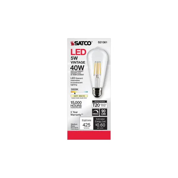 5 Watt ST19 LED Filament - Clear - Medium base - 90 CRI - 3000K - 120 Volt - Image 5