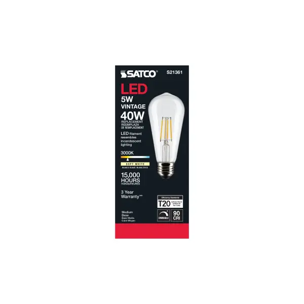 5 Watt ST19 LED Filament - Clear - Medium base - 90 CRI - 3000K - 120 Volt - Image 6