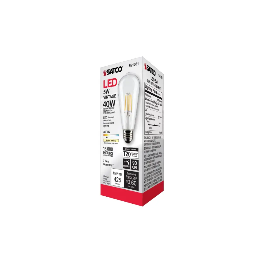 5 Watt ST19 LED Filament - Clear - Medium base - 90 CRI - 3000K - 120 Volt - Image 10
