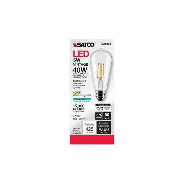 5 Watt ST19 LED Filament - Clear - Medium base - 90 CRI - 4000K - 120 Volt - Image 4