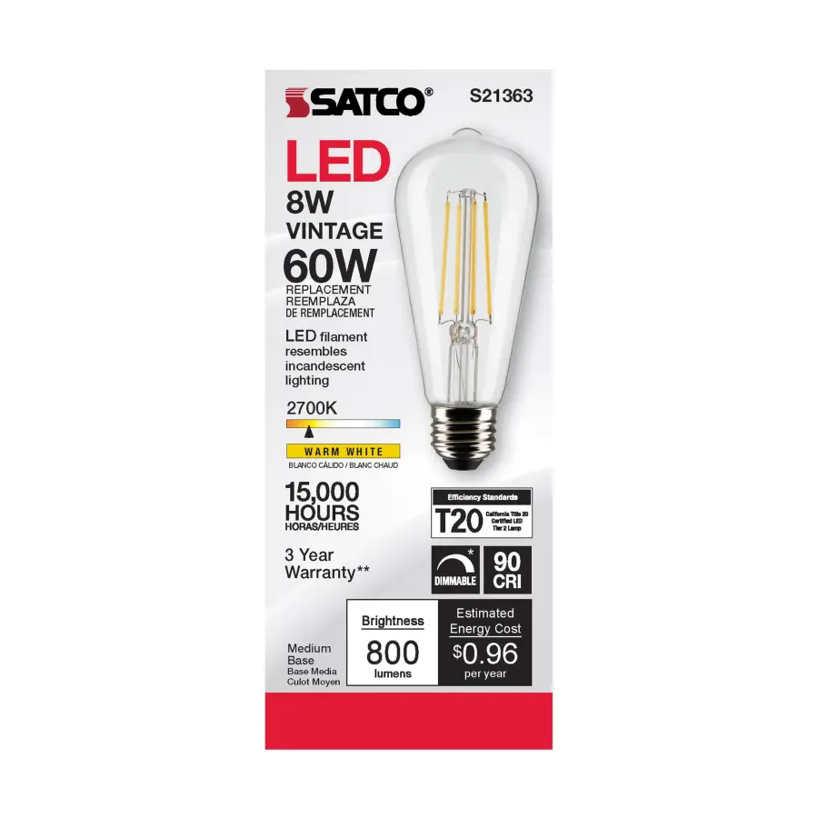8 Watt ST19 LED Filament - Clear - Medium base - 90 CRI - 2700K - 120 Volt - Image 5