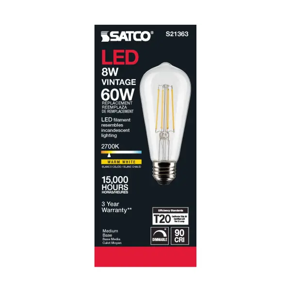 8 Watt ST19 LED Filament - Clear - Medium base - 90 CRI - 2700K - 120 Volt - Image 6