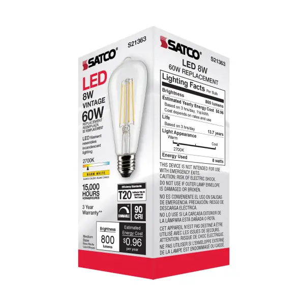 8 Watt ST19 LED Filament - Clear - Medium base - 90 CRI - 2700K - 120 Volt - Image 9