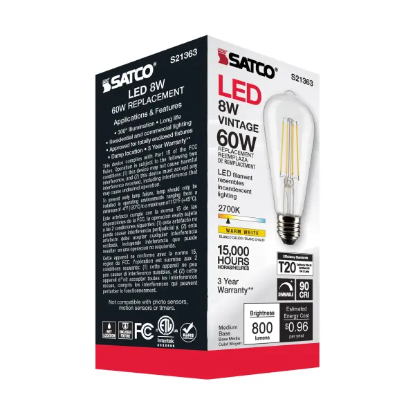 8 Watt ST19 LED Filament - Clear - Medium base - 90 CRI - 2700K - 120 Volt - Image 10
