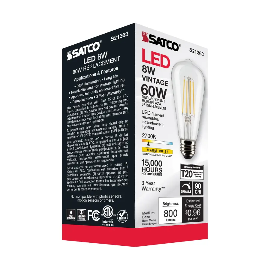 8 Watt ST19 LED Filament - Clear - Medium base - 90 CRI - 2700K - 120 Volt - Image 10