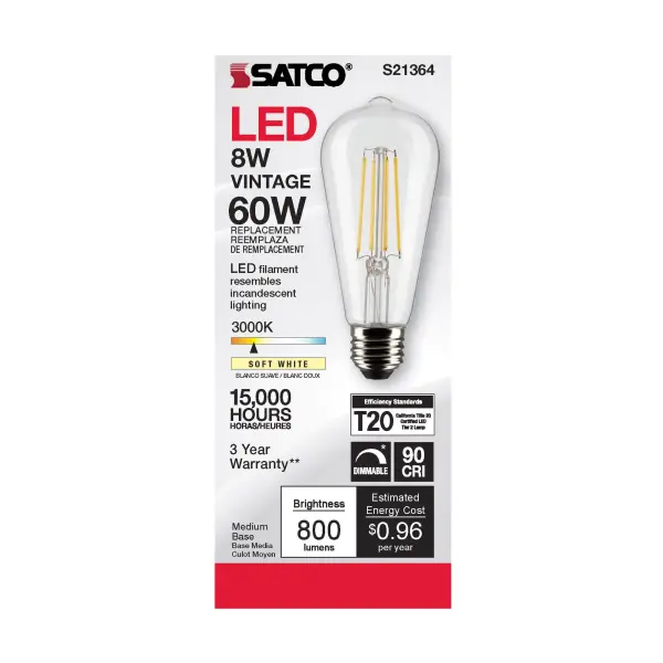 8 Watt ST19 LED Filament - Clear - Medium base - 90 CRI - 3000K - 120 Volt - Image 4