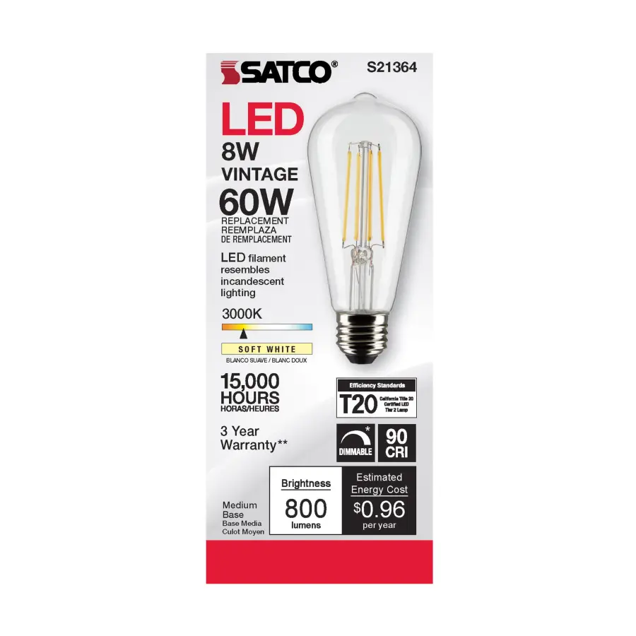 8 Watt ST19 LED Filament - Clear - Medium base - 90 CRI - 3000K - 120 Volt - Image 4