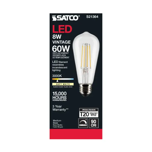 8 Watt ST19 LED Filament - Clear - Medium base - 90 CRI - 3000K - 120 Volt - Image 5