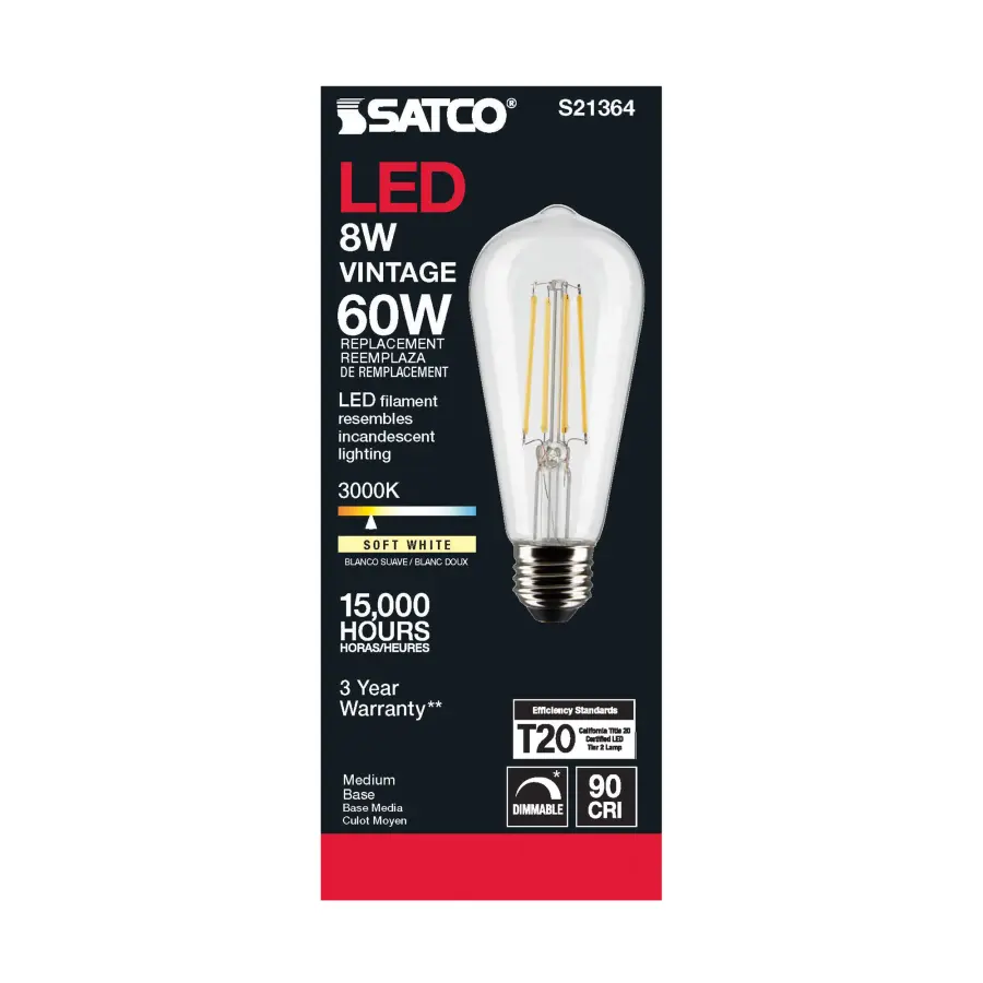 8 Watt ST19 LED Filament - Clear - Medium base - 90 CRI - 3000K - 120 Volt - Image 5