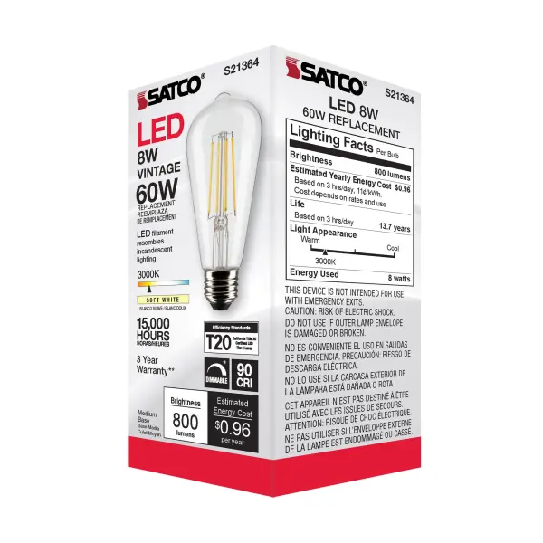 8 Watt ST19 LED Filament - Clear - Medium base - 90 CRI - 3000K - 120 Volt - Image 8