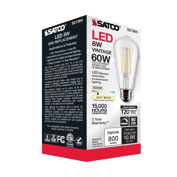8 Watt ST19 LED Filament - Clear - Medium base - 90 CRI - 3000K - 120 Volt - Image 9